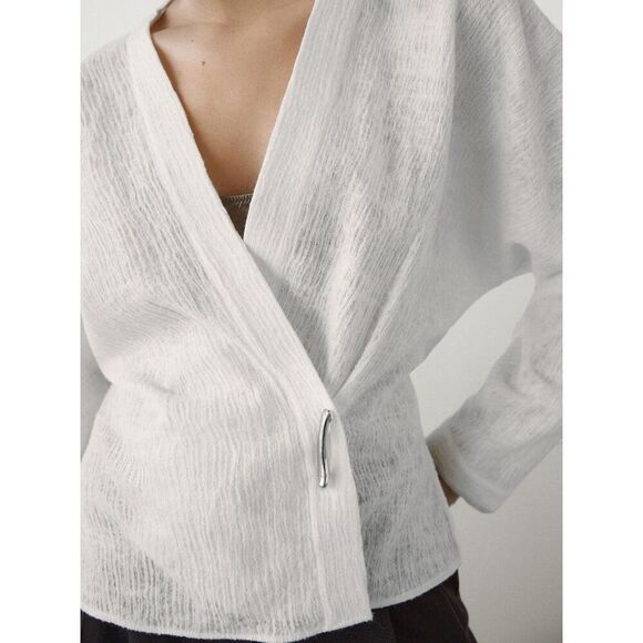 Massimo Dutti Women Shirt XS Cream Wool Cotton Surplice Neckline 5133/791 NWT - Picture 3 of 12